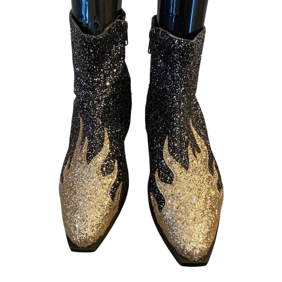 ASOS Glitter Flame Ankle Boots Black & Gold Pointed Toe Zipper Closure Size 8 - Picture 1 of 9